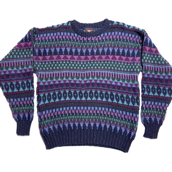 Vtg. American Portrait 3D Knit Striped Sweater Pullover Colorful‎ Pattern Large - Picture 1 of 7